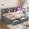 Massivholz-Sofa 90*200 cm, Bett mit USB und Steckdose mit LED-Streifen, Mit Regalen und Staufächern, Multifunktionales Einzel-Holzbett, Grau