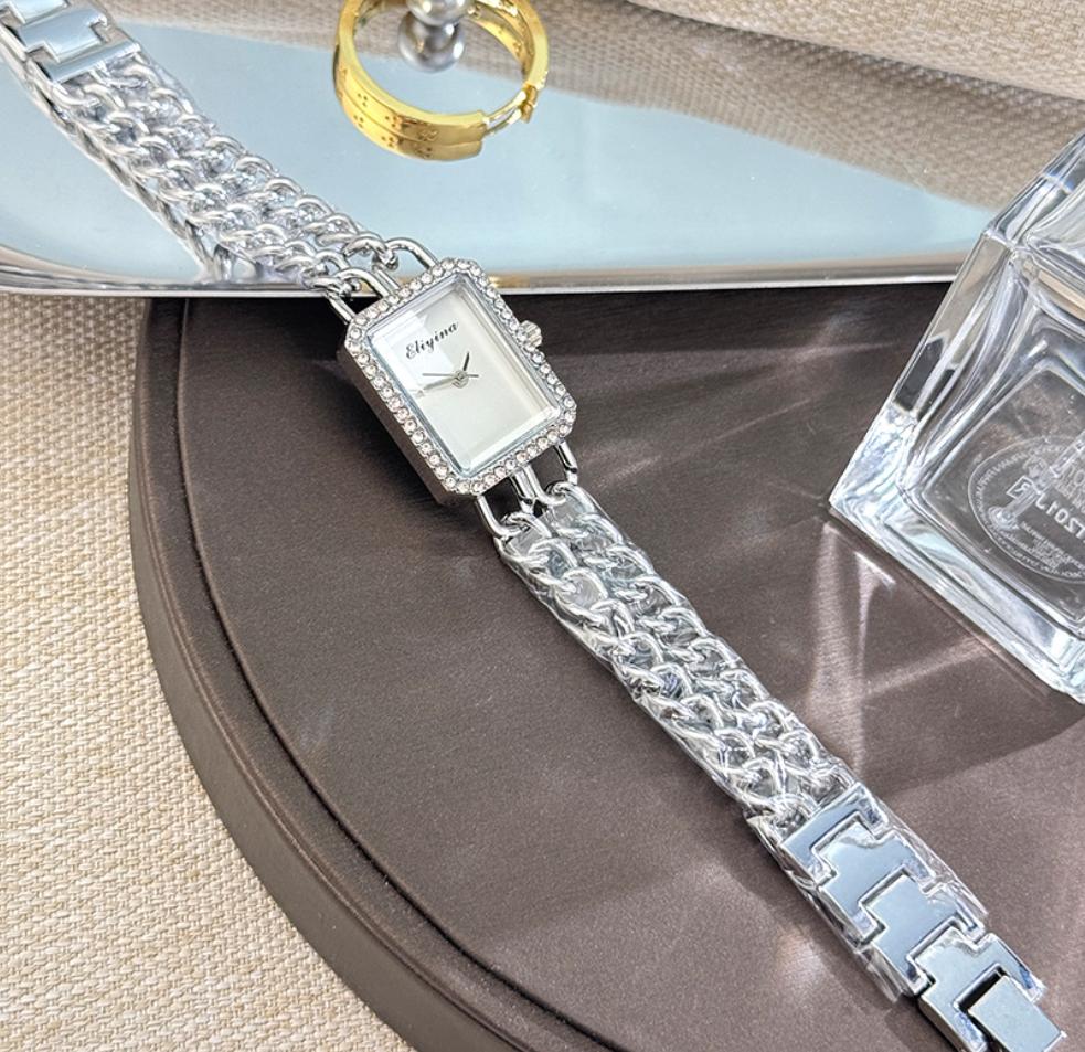 European and American Diamond Studded Rectangular Bracelet, Double Row Chain, Women's Quartz Watch, Wristwatch