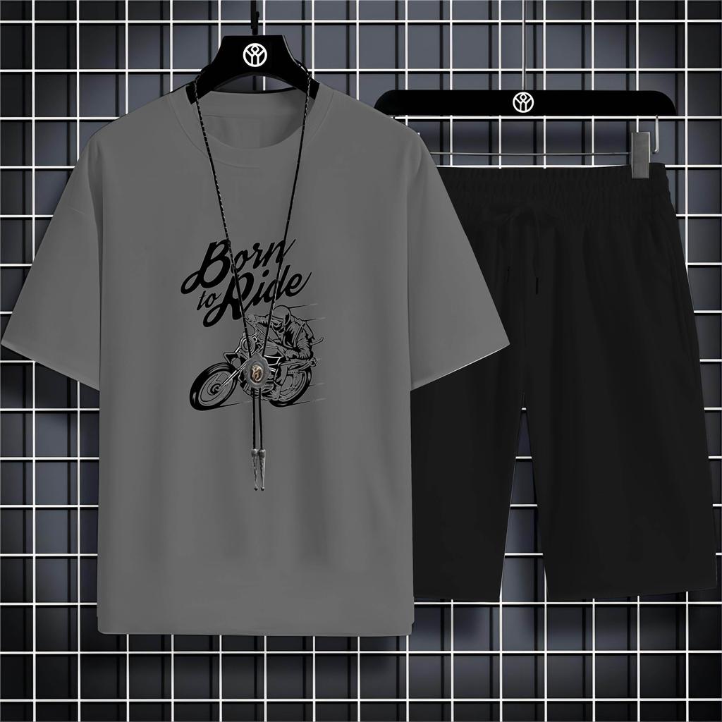 Summer Round Neck Men'S Outdoor Casual 2d Motorcycle Print Loose Comfortable Breathable Short Sleeve T-Shirt Beach Set T-Shirt