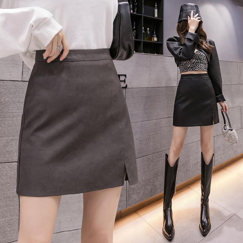 2026 Autumn/Winter Matte Frosted Coffee PU High Waist A-Line Midi Skirt