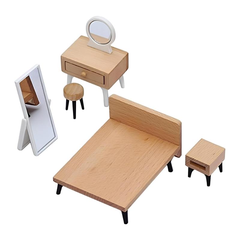 

Pack of 5 Plastic Wooden Doll Bedroom Accessory Set With Tiny Wardrobe Vanity Stool And Nightstand For Kids Playhouse 1