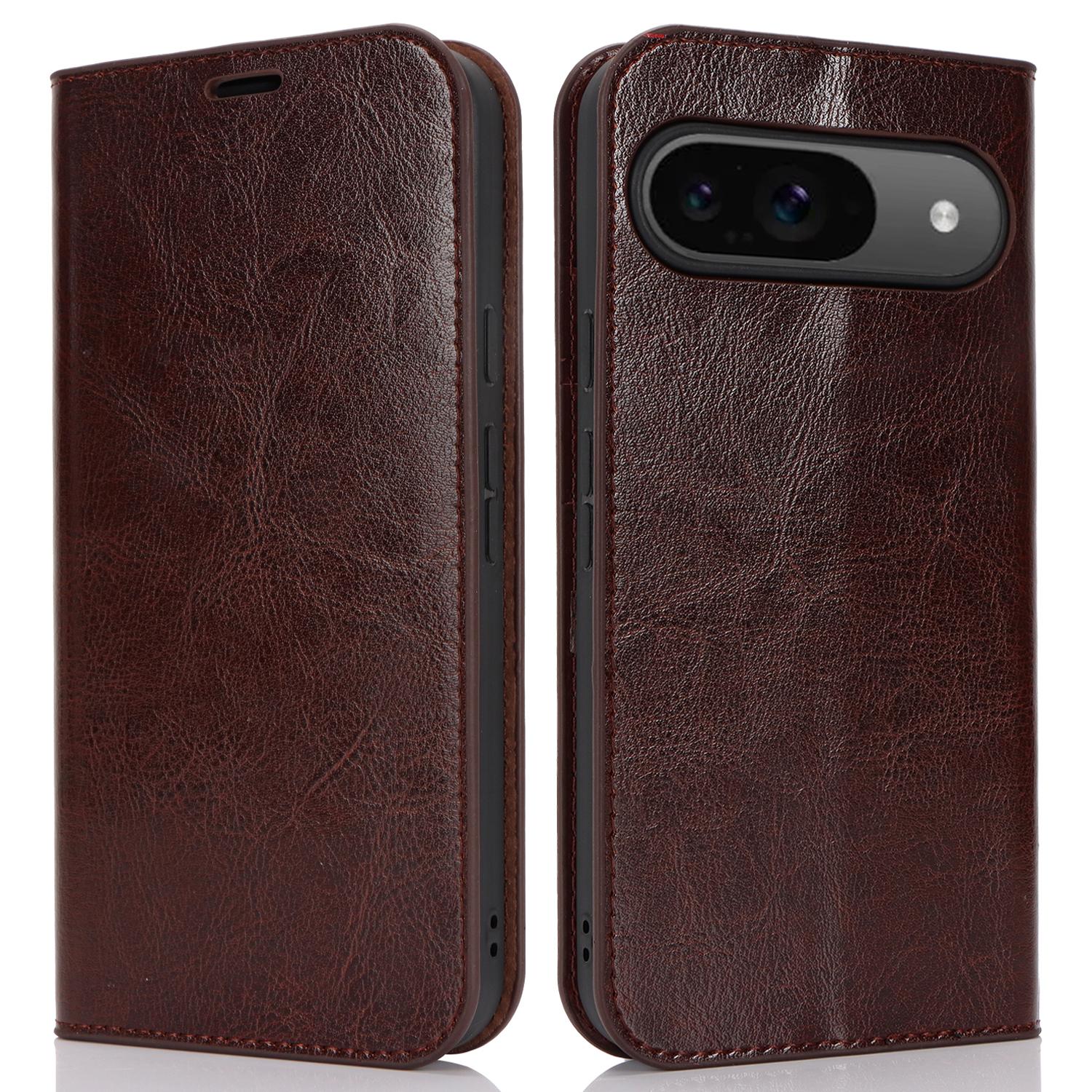 

For Google Pixel 9/9 Pro Case Crazy Horse Texture Split Leather Wallet Phone Cover Dark Brown
