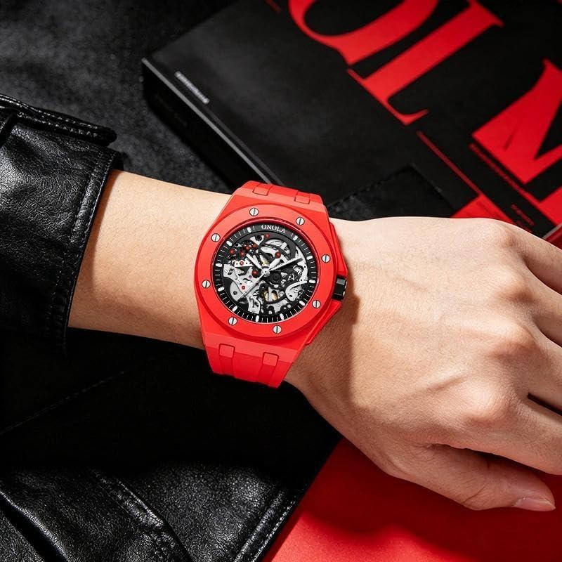 Hollow Automatic Skeleton Watches for Men Sport Visible Mechanical Movement Luminous Watch Waterproof Silicone Strap