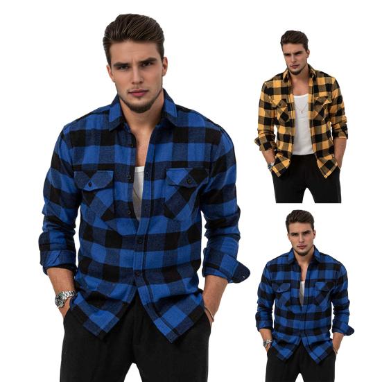 Men Casual Shirt Lapel Long Sleeve Plaid Print Shirt Tops Single Breasted Loose Fit Flap Pockets Shirt Tops