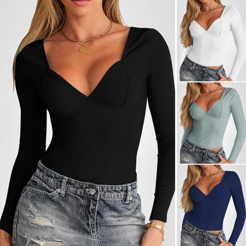 Damen Quadratischer Ausschnitt Tiefes V Langarm Schlankes Crop-Top