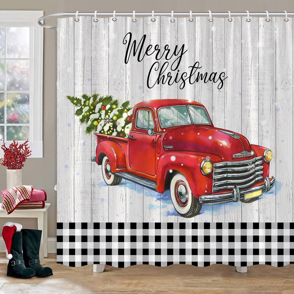 Winter Christmas Shower Curtain Red Truck Snowman Reindeer Snowy Farmhouse Bath Curtain Washable Polyester Fabric Bathroom Decor