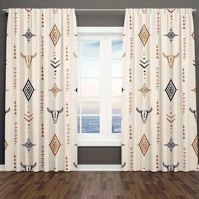 2pcs Boho Tribal Bull Skull Printed Curtains, Designed for Light Filtering, Quality Material, Ideal for Western Style Home Windo