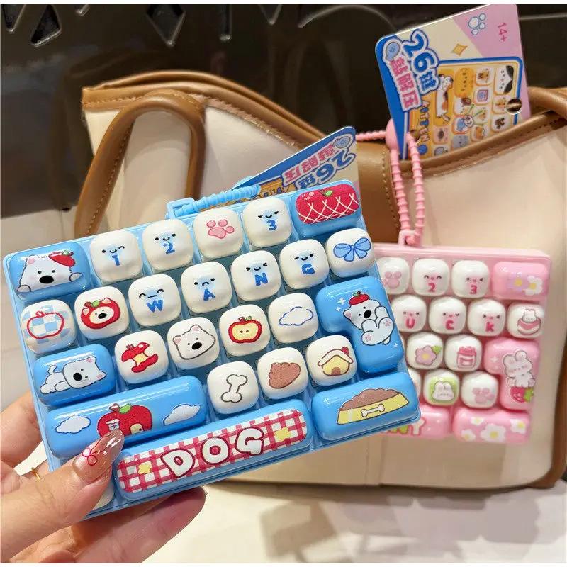 26 Keys Simulation Keyboard Keychain Stress Relief Fidget Clicker Keyboard with Cute Animal Print Bag Charm Desktop Decoration