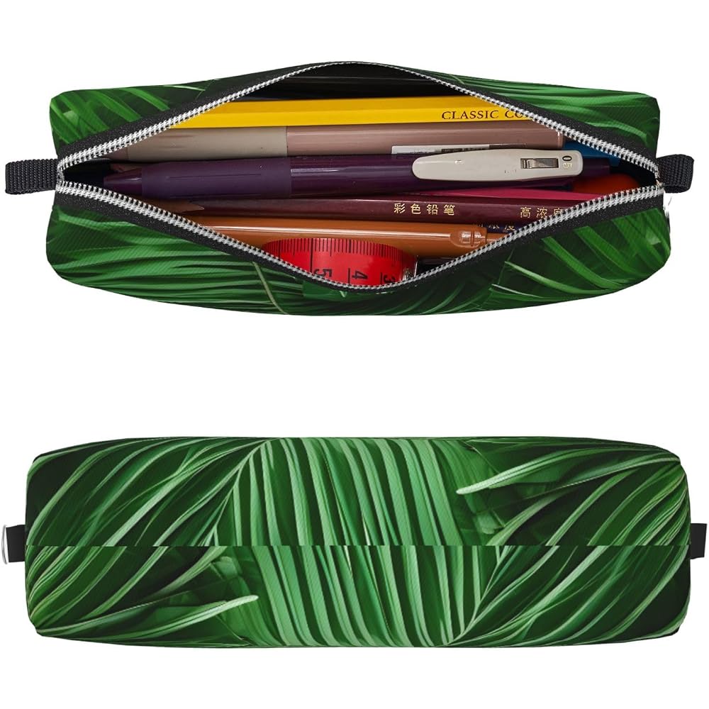 Cute Green Palm Leaf Print Unisex Pencil Case Pouch Office Travel Stationery Organizer Storage Ba...