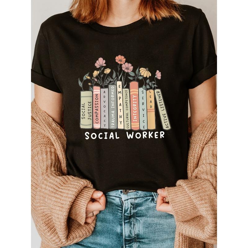 Bookshelf Flower Fashion Cotton Letter Print T-shirt, Short Sleeve Crew Neck Casual Top for Summer & Spring, Women's Clothing