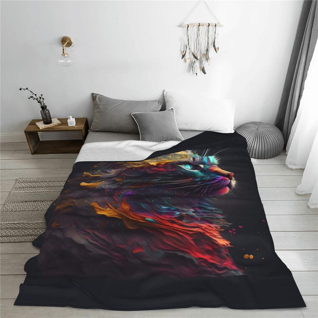 Abstract Cat Soft Durable Blanket Colorful Splash Print Camping Throw Blanket Autumn Custom DIY Flannel Bedspread Sofa Bed Cover
