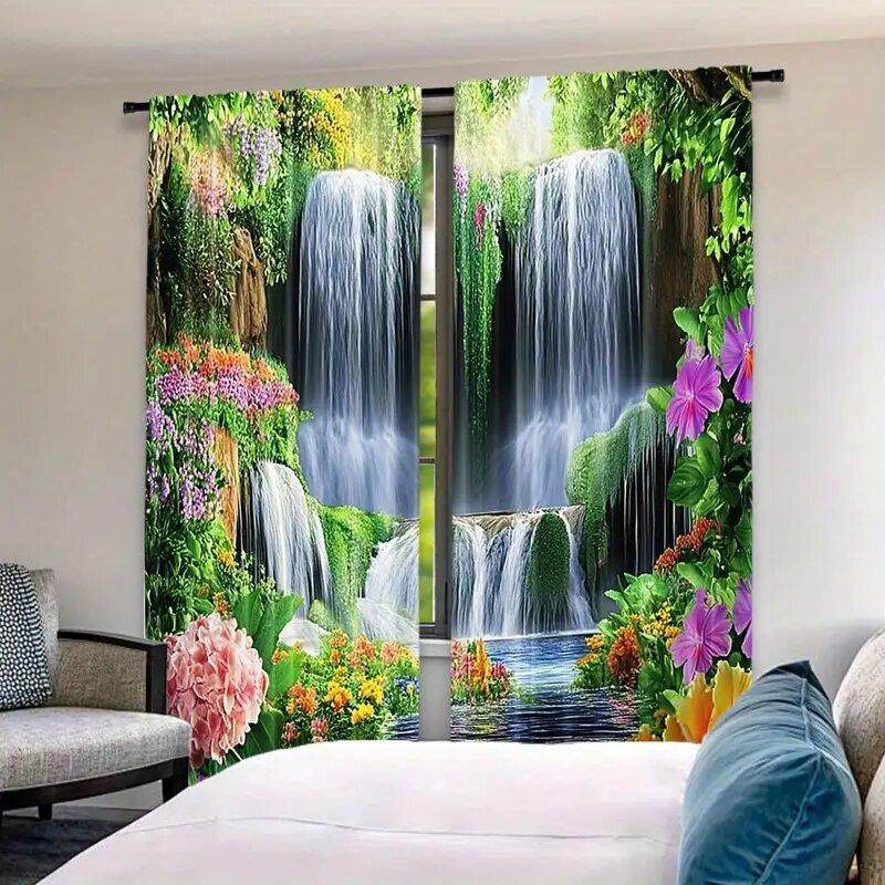 Modern Waterfall Scenery Pole Bag Curtains Bedroom Living Room Decoration Home Curtain Polyester Ideal For Area