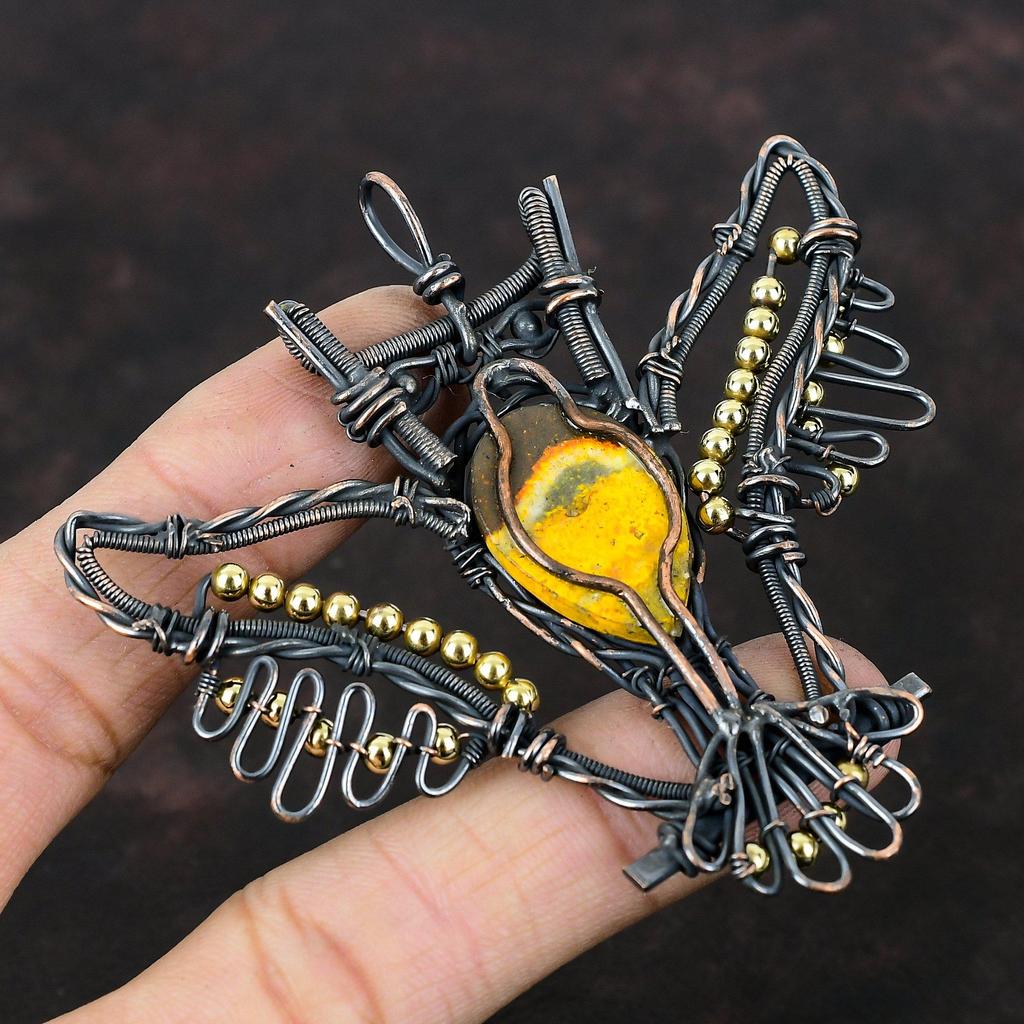 Bumble Bee Jaspis Anhänger Kupferdraht gewickelter Anhänger Handgefertigter Schmuck Eulenanhänger Natursteinanhänger Kupferdrahtschmuck Geschenk für Sie