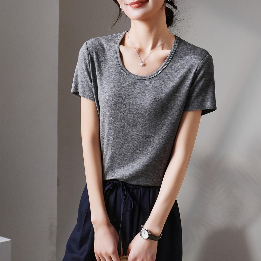 U-neck short sleeved t-shirt for women in summer 2025, fashionable and versatile, slimming solid color casual top