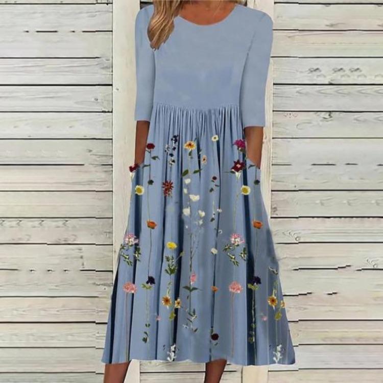 Women Floral Boho Summer Swing Dress Midi Length Flowy Pleated with Pockets Casual Crew Neck Half Sleeve