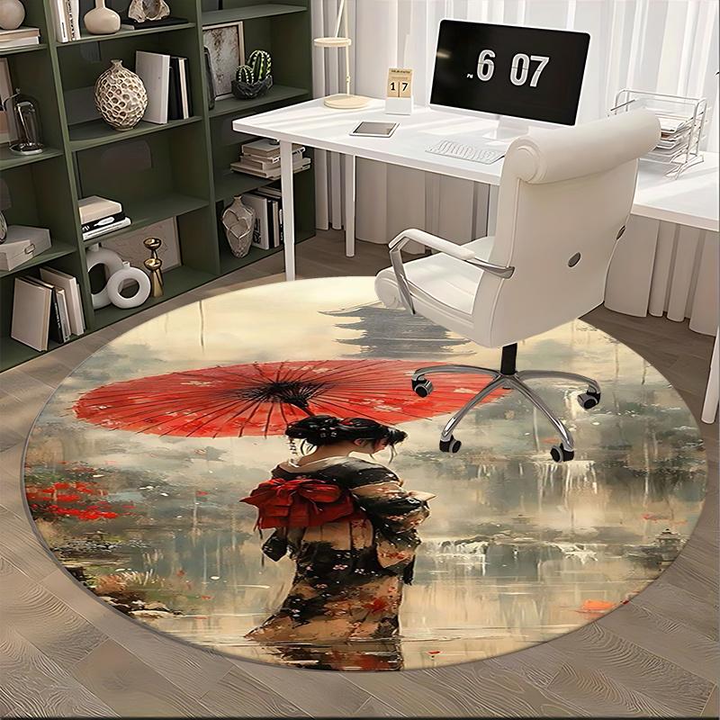 Traditional Japanese Kimono Chair mat Round Rug-Office carpet, Machine Washable, Non-slip, Suitable for Living Rooms, Bedrooms