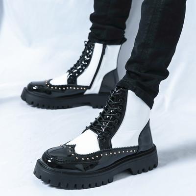 New Designer Winter Lightweight Black White Patchwork Leather Elevator Ankle Boots For Men Flats High Tops Motorcycle Shoes