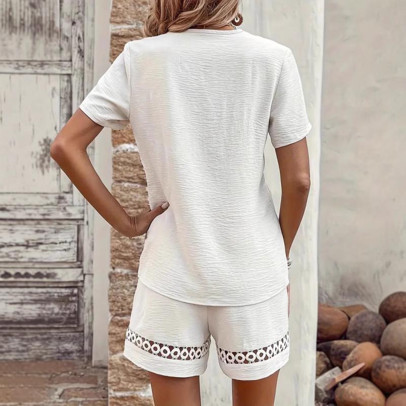 2026 Summer New Women's V-Neck Patchwork Short Sleeve Solid Color Shorts Casual Set