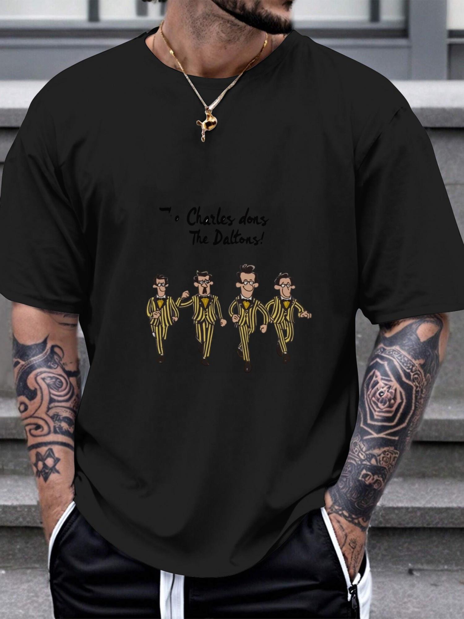 1pc Black Cartoon Striped Walking Characters with Glasses Graphic T-shirt - 180g Cotton Crew Neck Short Sleeve S