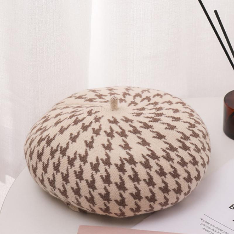 

Женский клетчатый берет «Тысяча птиц», стильная вязаная шапка-бини, теплая модная теплая шапка художника, кепка бежевый