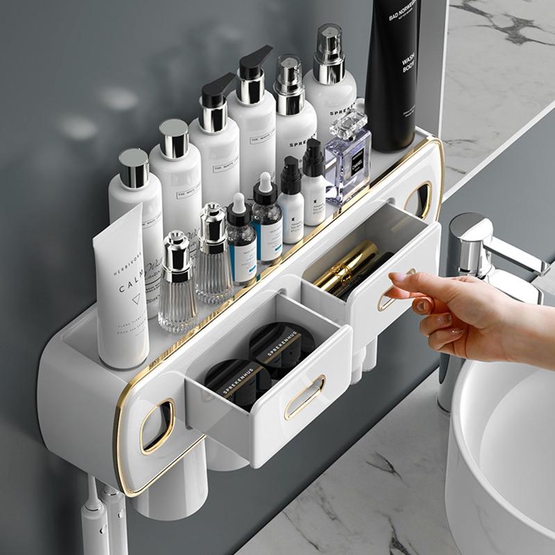 Magnetic Adsorption Inverted Toothbrush Holder 2 Automatic Toothpaste Squeezer Dispenser Storage Rack Bathroom Accessories Set