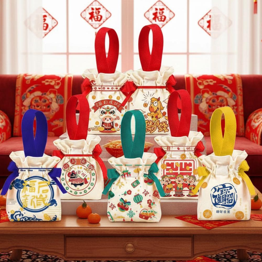 Cartoon 2026 New Year Gift Bag Chinese Style Canvas Horse Year Handbag Bag Portable Large Capacity Fashion Wedding Candy Bag
