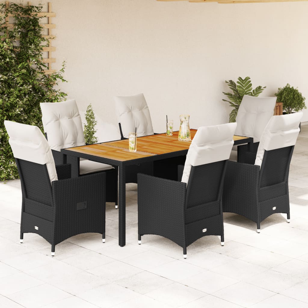 Vidaxl 7-Cz. Garden Furniture Set With Cushions, Black, Poly Rattan