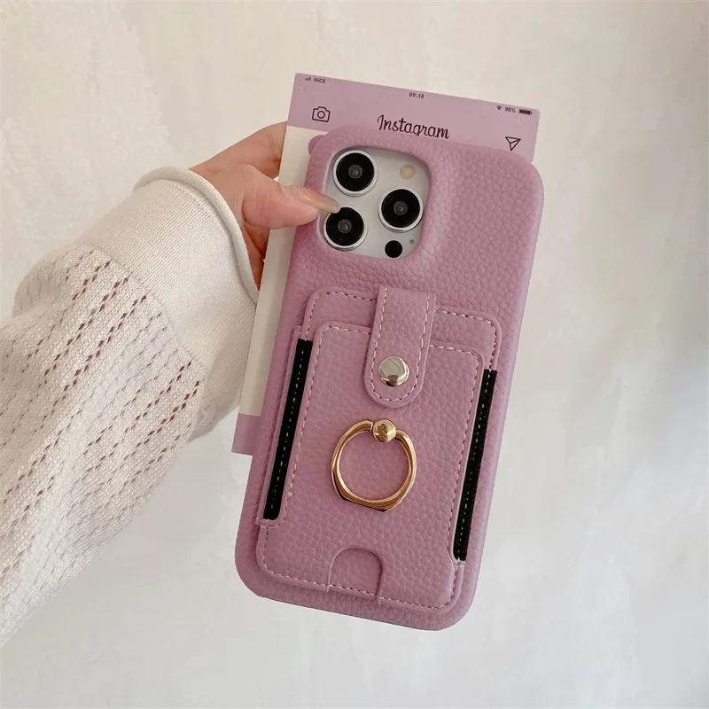 PU Leather  Ring Wallet with Card Holder Phone Case for IPhone 16 15 Plus Pro Max Shockproof Cover