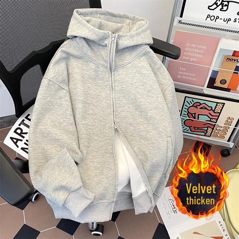 

Men s Hong Kong Style Loose Hoodie Cardigan – Autumn/Winter Velvet Trendy Jacket XL сірий колір