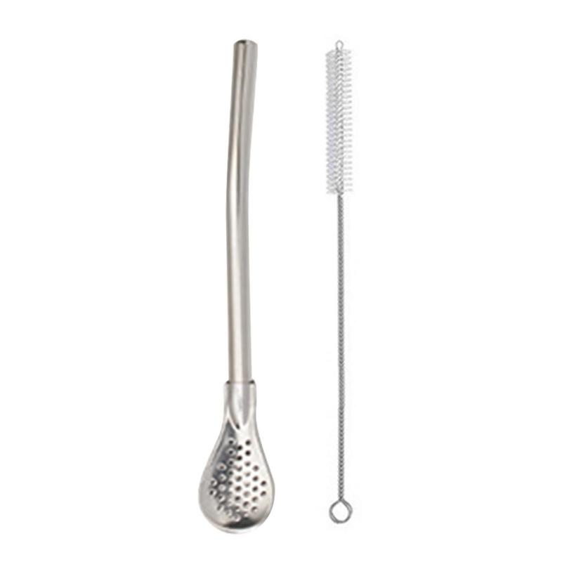 Detachable Filter Straw Spoon Stainless Steel Tea Filter Yerba Mate Straw Reusable Bar Drinking Tools with Cleaning Brush