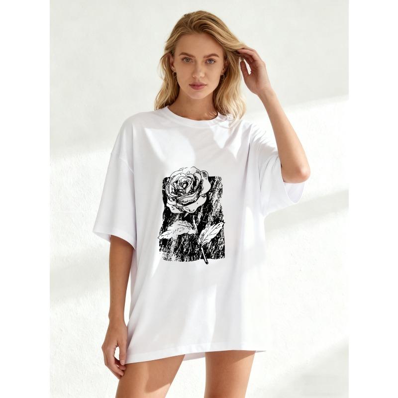 Oversized T Shirt Black Rose Print Graphic Tee Casual Streetwear For Women Summer Outfit