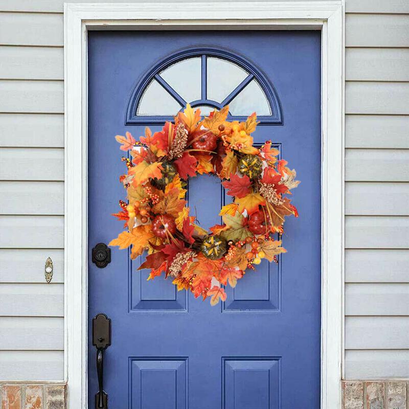 40cm Front Door Wreath Autumn Pumpkin Maple Leaf Pinecone Harvest Wreath Wall Decor Ornament Artificial Wreath