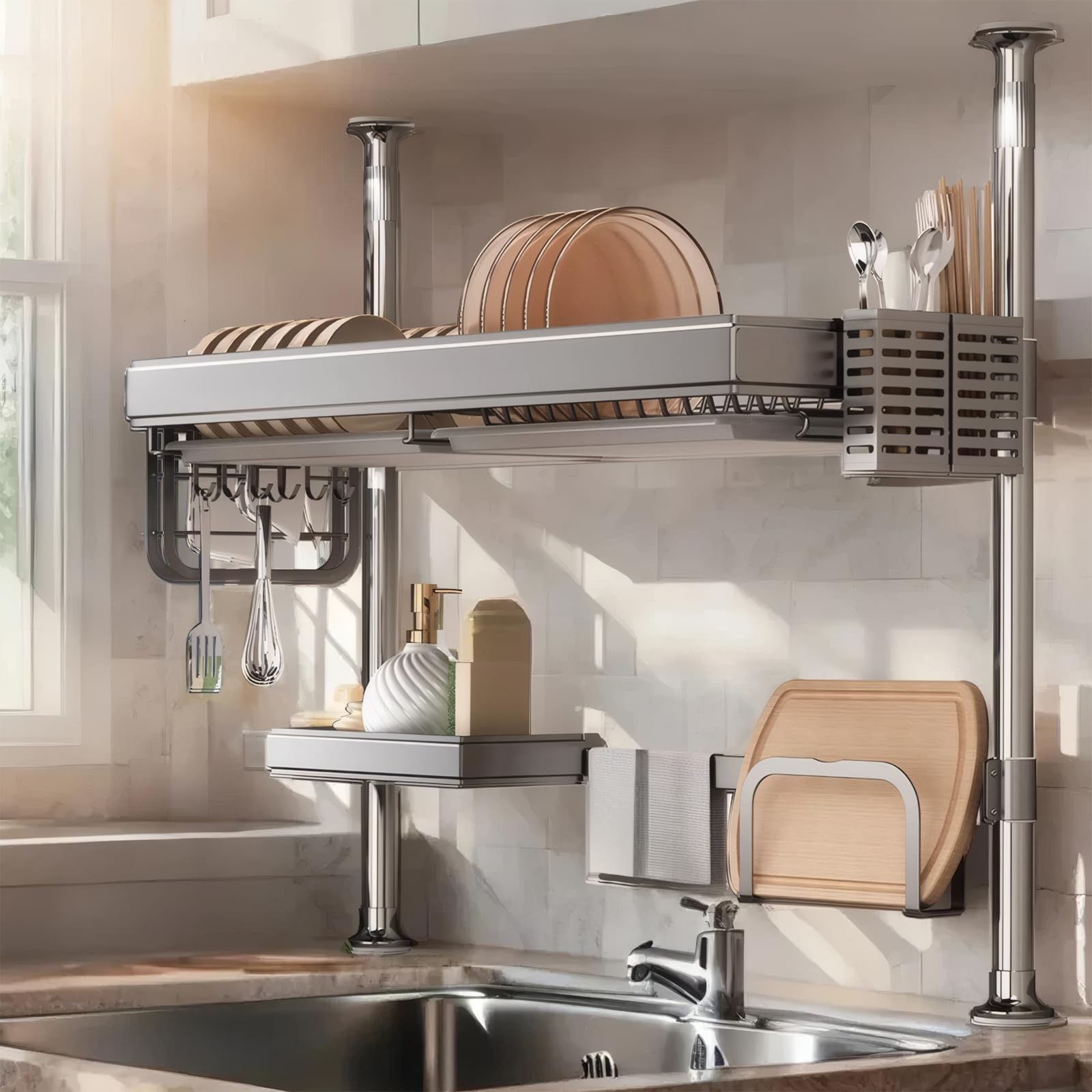 

Подставка для сушки посуды над раковиной из нержавеющей стали и углеродистой стали, кухонная, большая, толстая, с высокой нагрузочной способностью, легко разбирается и хранится, может использоваться серый