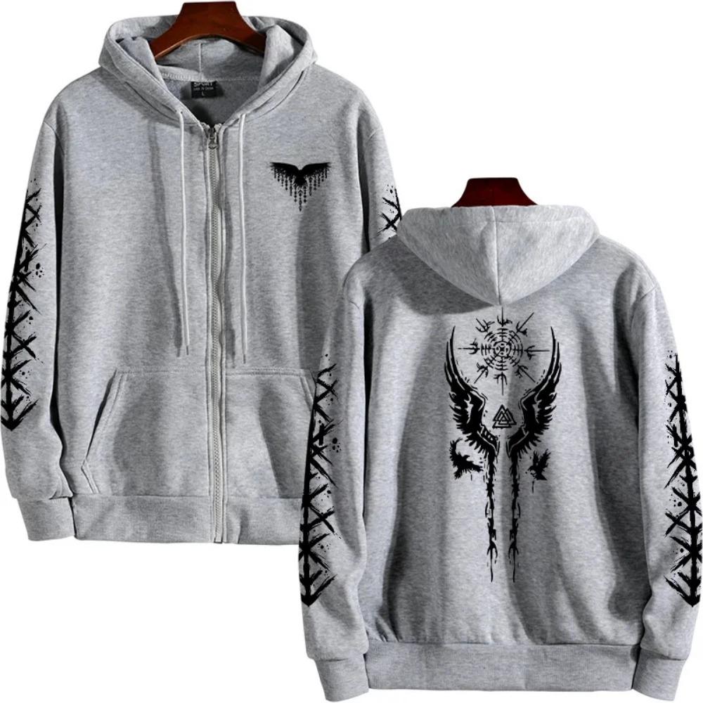 Starověká vikingská mikina s potiskem havrana Podzim Zima Ležérní Sportovní top 2025 Horký prodej Pánská mikina Vysoce kvalitní Mikina s kapucí na zip