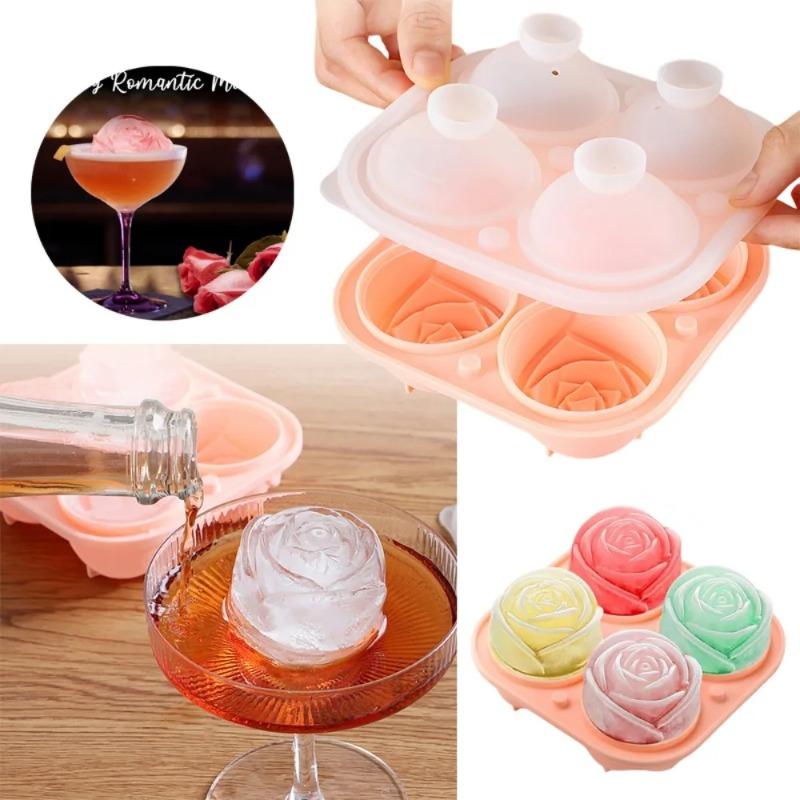 3D Rose Flower Silicone Ice Cube Tray Mold With Lid, Ice Ball Maker Mould, Kitchen Gadget For Whiskey Cocktails Juice Drinks