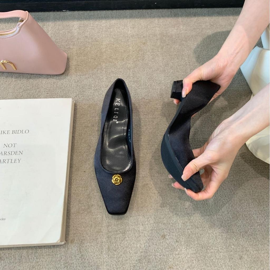 2025 Spring New Square Head Satin Rhinestone Buckle Sleeve Feet Mary Jane Thick Heel Shallow Mouth Versatile OL Evening Women's Shoes