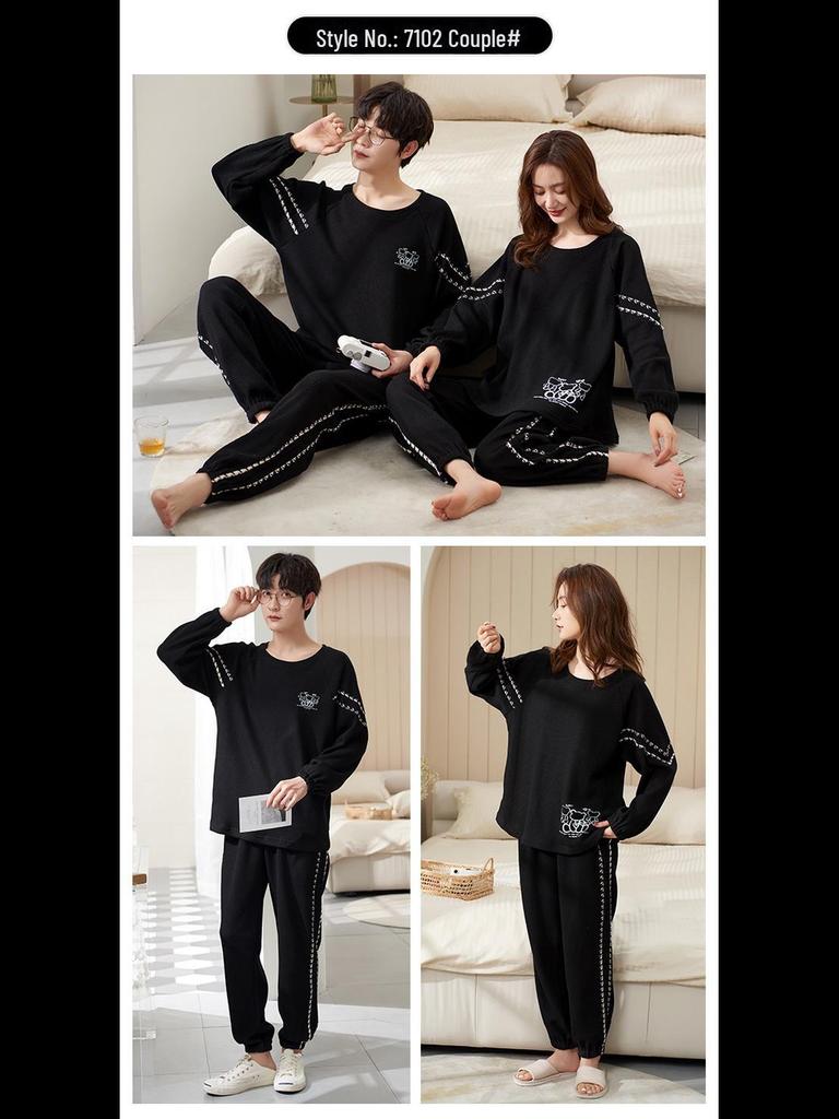 Korean Cartoon Couple Pajamas: Long Sleeve Cotton Sleepwear for Women and Men, Spring To Winter