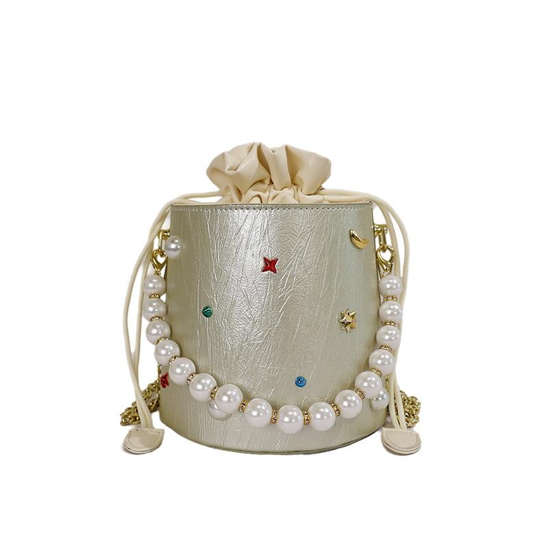 Feel small bag women's new pumping belt bucket bag women's casual chain bag beaded shoulder messenger bag