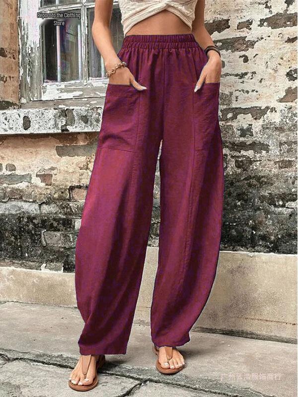 Women's Solid Color Casual Pants with Pockets and Elastic Waist