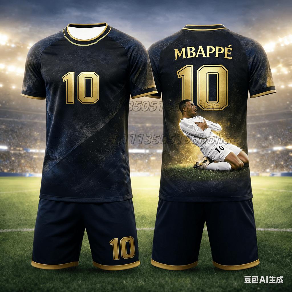 Summer Mbappé No.10 Football Jersey Color-Block Printed Adult/Kids Parent-Child Style Quick-Dry T-Shirt and Shorts Sports Set