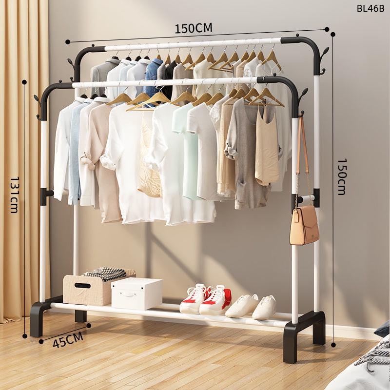 Minimalist Indoor Floor-Standing Coat Rack with Double Pole and Shelf for Bedroom or Balcony