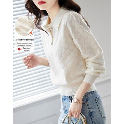 Demana Women's Three-Button Turn-Down Collar Puff Sleeve Knit Sweater