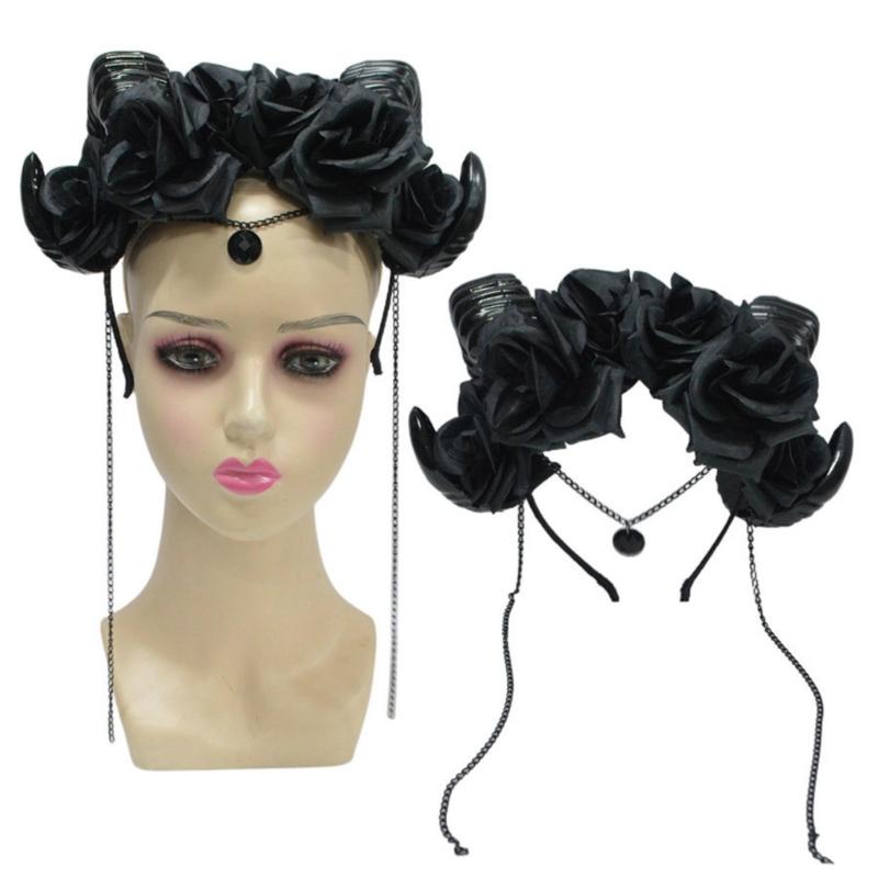 Halloween Antelope Horn Dark Rose Headband for Cosplay and Costume Party Decoration