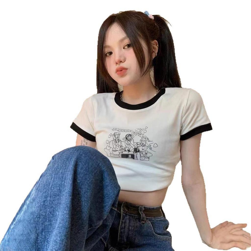 2026 Summer Korean Style Slim Fit Printed Cropped Short Sleeve Women's T-shirt