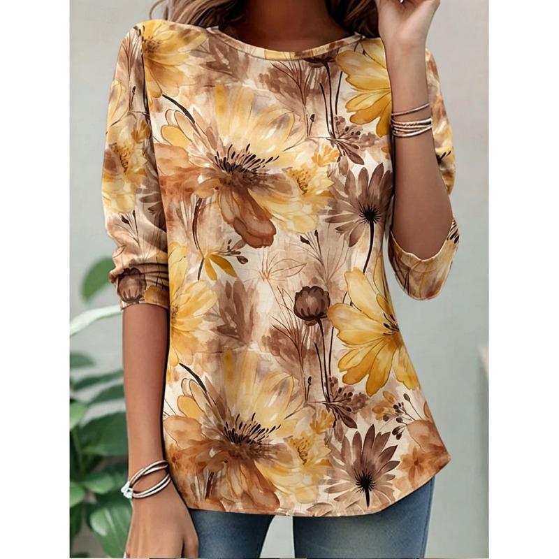 Women's Long Sleeve Crew Neck Watercolor Floral Print Casual T-Shirt, Regular Tops for Spring Summer Daily Weekend Wear