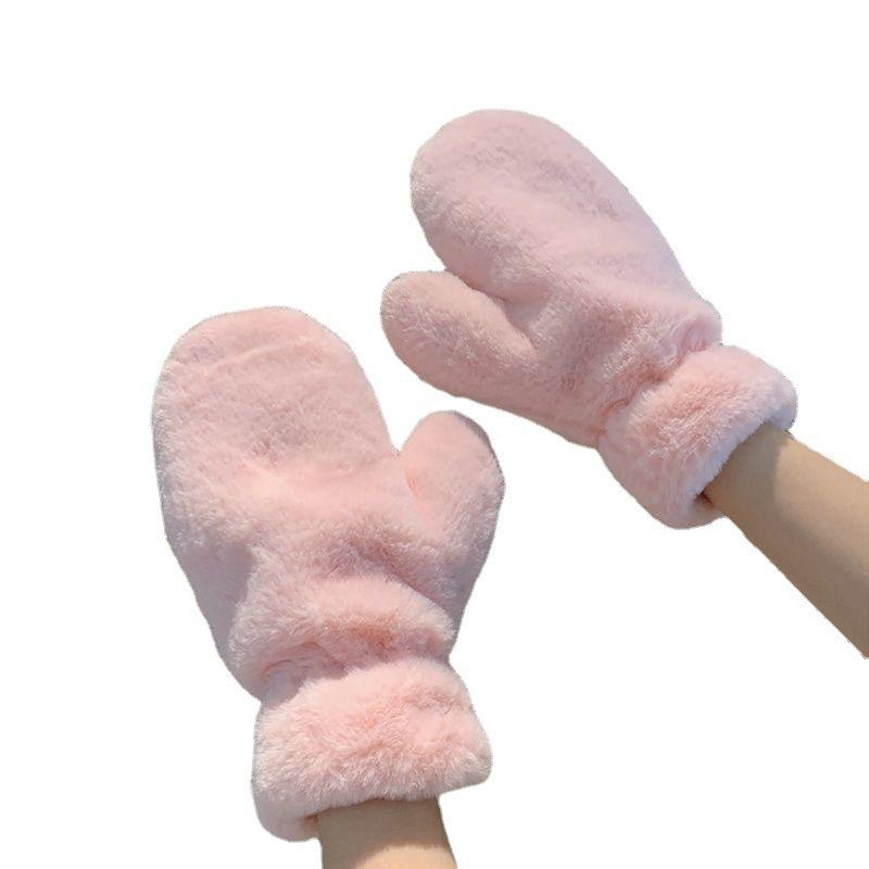 Winter Cartoon Korean Style Plush Lined Cycling Gloves with Lanyard for Students