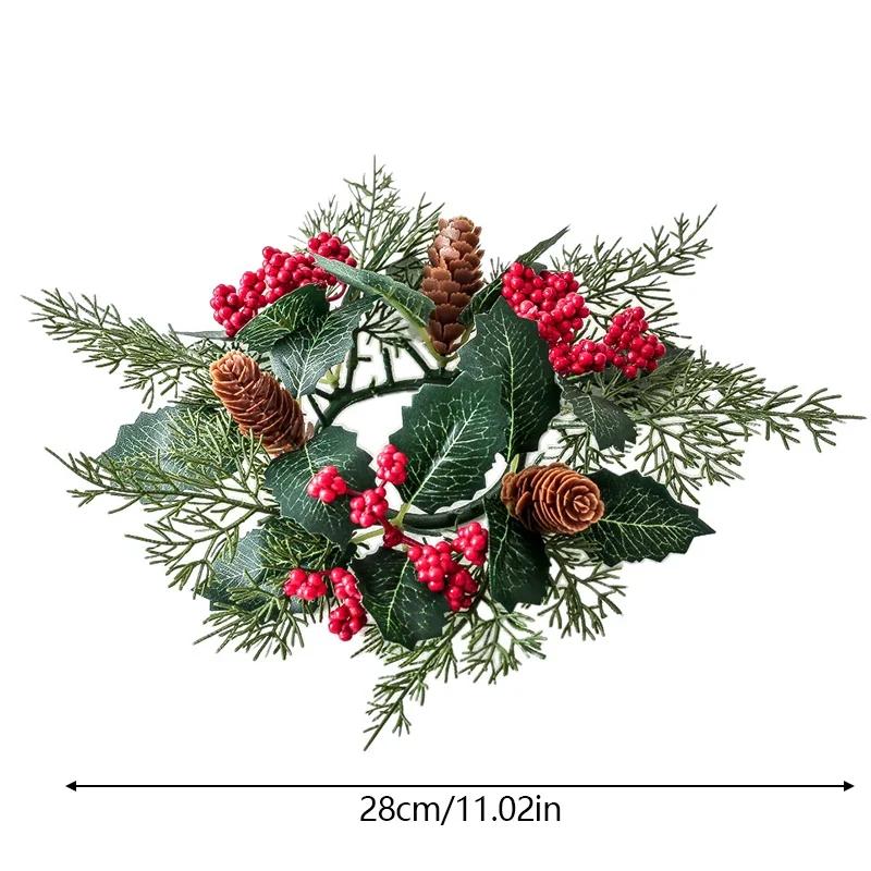 Christmas Candlestick Wreath Artificial Berry Garland Candle Ring Xmas Table Decoration Green Leaves Wreath for Candle Holder