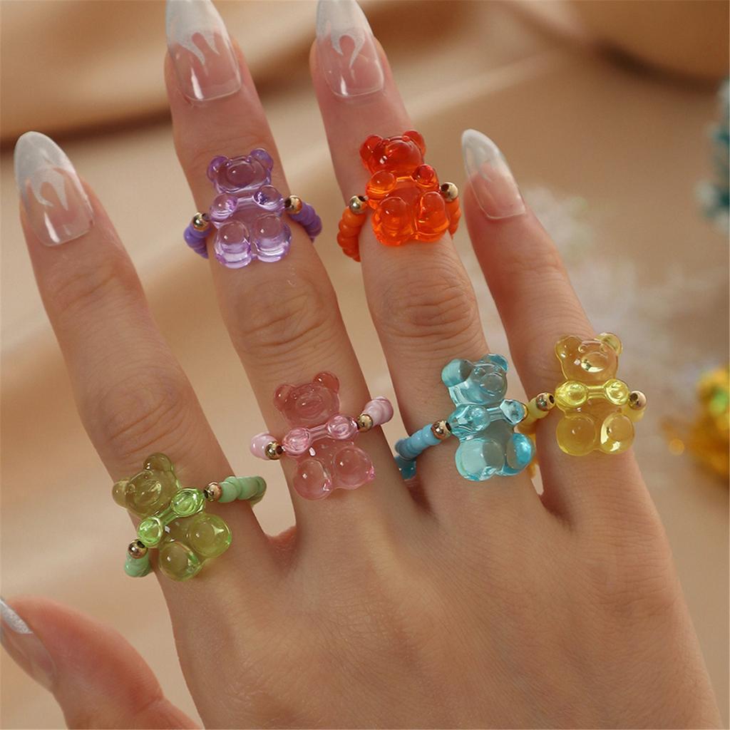 6pcs Cartoon Bear Pendant Rings Unique Elastic Beaded Rings Adjustable Finger Rings Ornament Colorful Resin Accessories
