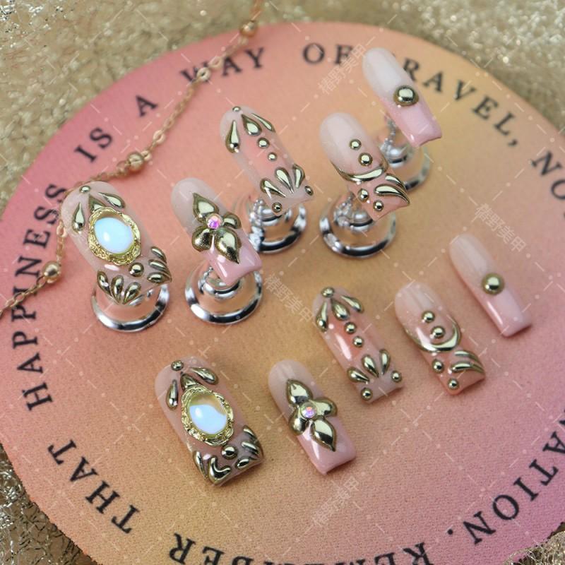 3D Floral Press-On Nails Pink Gradient Moonlight Goddess Style Acrylic Full Cover Nail Tips Women L Includes 3 sets of nail art tools