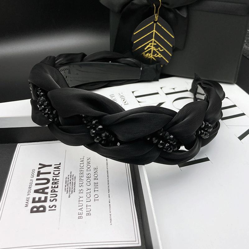 New organza braided headband black crystal hairband wide edge non-slip hair accessories